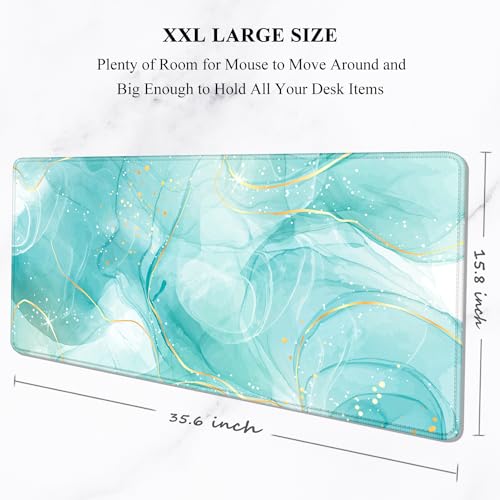 Image of Auhoahsil Desk Mouse Pad, Large Gaming Mousepad, XXL Desk Pad, Extended Long Superior Micro-Weave Cloth Non-Slip Rubber Big Computer Mouse Mat for Gamer, Office & Home, 35 inch x 15 inch, Teal Gold Marble