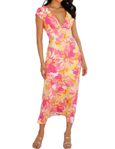 Image of Halfisland Womens Summer Satin V Neck Cap Sleeve Midi Dress Wedding Guest | 2026 Summer,Backless,Hollow Out,Long,Formal,Cocktail,Twist,Bridesmaid,Party,Baby Shower,Short Sleeve,Beach,Elegant,Evening