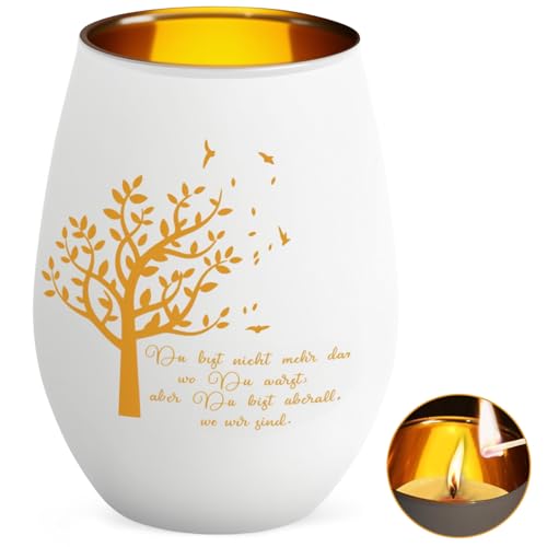 Trauergeschenk Windlicht mit Gravur – Grablicht Glas & Trauerlicht als Erinnerungslicht, Mit Spruch „Du bist Nicht mehr da …“, Würdige Trauer Deko für Hinterbliebene, Beileid und Grab