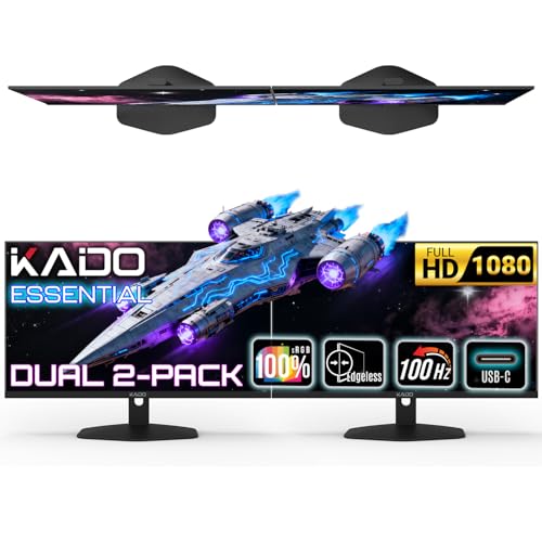 Kado Dual Monitor Setup - 2-Pack 27-inch 1920x1080 FHD IPS USB Type-C Computer Monitor 100Hz Edgeless VESA Mount HDMI DP Office Gaming Built-in Speakers
