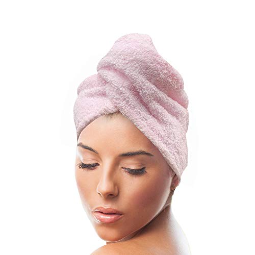 KEEPOZ Hair Towel Wrap Quick Dry 100% Cotton Super Absorbent Turban Head Wrap for Women with Button, Anti Frizz Hair Products, Hair Cap for Curly, Long & Thick Hair (Pink)