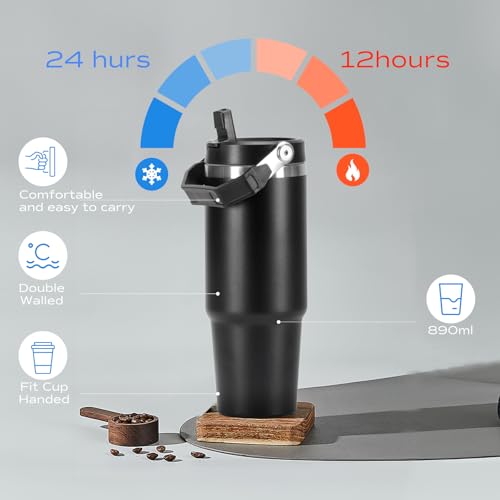 30oz Flip Straw Insulated Water Bottle Stainless Steel Tumbler with Hand Coffee Cup Travel Mug for Hot and Cold Black Valentine's Day Gifts for Lovers — view 4