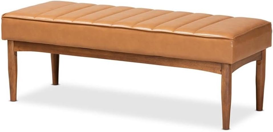 BOWERY HILL 4-Piece Dining Nook Set, Walnut Brown Wood, Tan Faux Leather Upholstery, Mid-Century Modern Design, Includes Table and Benches, Rectangular Tabletop, Space-Saving Kitchen or Dining Room