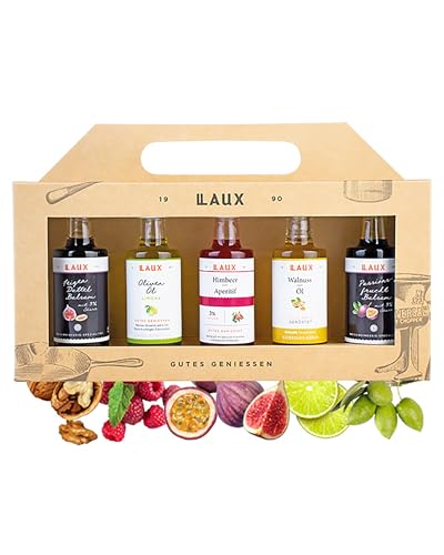 Laux Essig Öl Geschenkset - 5 Sorten - Olivenöl, Walnussöl, Balsam & Aperitif - Für Salate oder herzhafte Gerichte - Geschenk-Idee für Weihnachten (5x40ml)