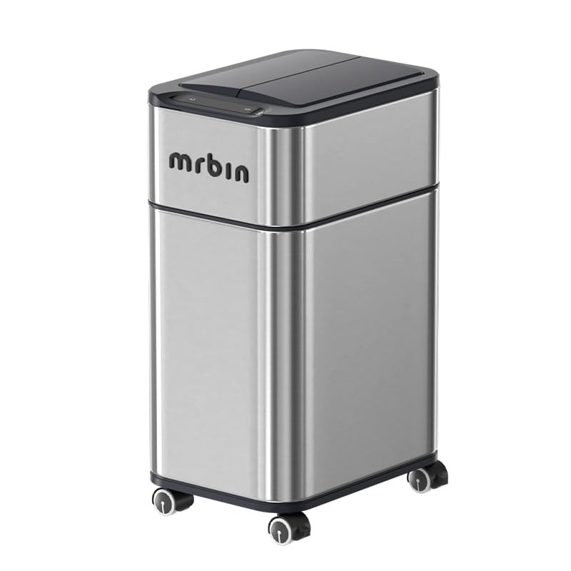 Miniatura 8 de MRBIN Cubo de basura automático de 4 galones con sensor de movimiento de absorción de acero inoxidable para baño, con tapa de mariposa y ruedas,