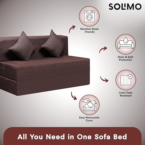 Image of Amazon Brand - Solimo 2 Seater 4 * 6 Jute Fabric Washable Cover Sofa Cum Bed with 2 Cushion 2 Seater Double Foam Fold Out Sofa Cum Bed (Finish Color - Brown Delivery Condition - Pre-Assembled)