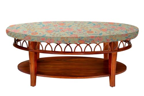 Image of The Furnishing Tree Elastic Cotton Oval Center Table Cover 16x48 in Inches Floral Multicolor on Green Base
