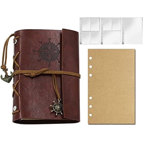 Acidea Vintage Leather Journal, A5 Refillable Handmade Bound Notebook, Antique Kraft Art Sketchbook, 9.3''X6.5'', 80Sheets/160Pages, Great Gift, with 80Pcs Replacement Sheet and 3Pcs A5 Binder Pocket Cover