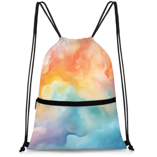 Pastel Cloud Drift Polyester Drawstring Bag with Zipper Pocket, 18x14 Inch Water-Resistant Gym Sack String Backpack for Sports, Travel, Camping