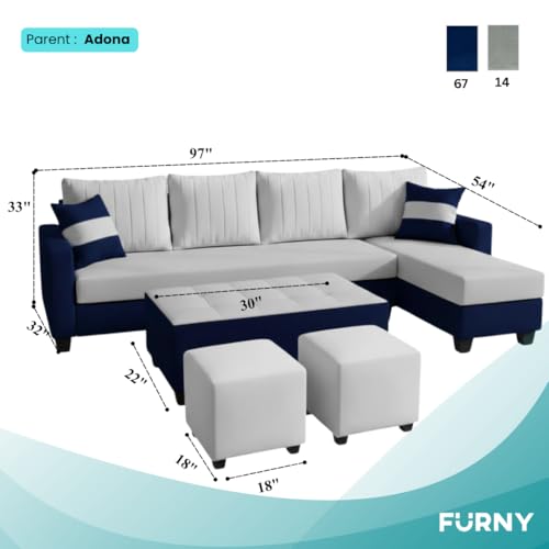 Image of FURNY Avenue 8 Seater Fabric RHS L Shape Sofa Set with 1 Centre Table & 2 Puffy (Light Grey-Dark Blue) Premium Velvet Finish