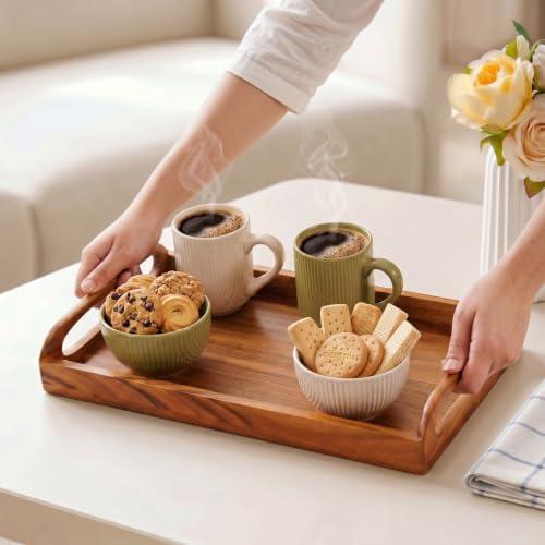 Image of Nestasia Wooden Serving Tray with Handles (36x22cm) - Acacia Wood Rectangular Brown Tray for Dining & Coffee Table | Platter for Serving Tea, Cakes, Snacks, Breakfast & Home Decor (Amber Brown)