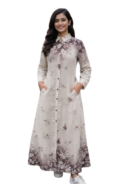 Women’s Floral Printed A-Line Gown Nida Fabric Full Length Maxi Gown with Pocket Front Button Stylish Casual Wear Gown for Women-image-5