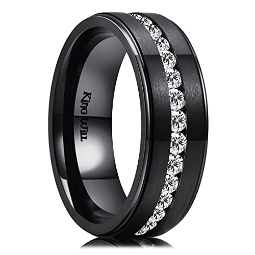 King Will Titanium 8mm Black Ring with CZ Inlay