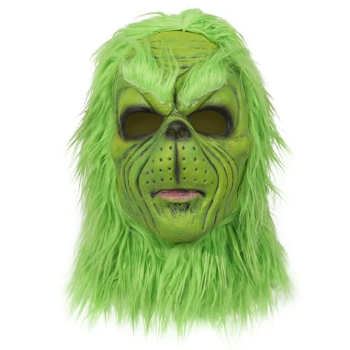 Applysu Grinch Maske Erwachsene Grinch KostüM Maske Halloween Xmas Monster Rollenspiel Requisiten GrüNer Pelziger Kopfschmuck Aus Latex