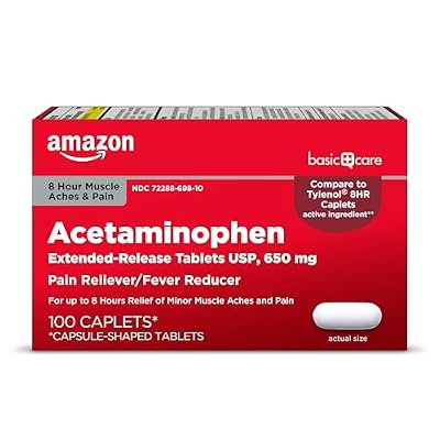 Amazon Basic Care Acetaminophen Extended-Release Tablets, 650 mg, Pain Reliever, Fever Reducer, 8 Hour Relief, 100 Count