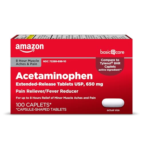 Amazon Basic Care Acetaminophen Extended-Release Tablets 650 mg Pain Reliever Fever Reducer 8 Hour Relief 100 Count