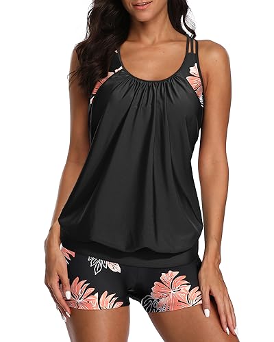 Yonique Two Piece Tankini Bathing Suits T-Back Blouson Swim Tops With Boy Shorts Women Swimsuits Sporty Swimwear Black And Flowers Xxl thumb #2