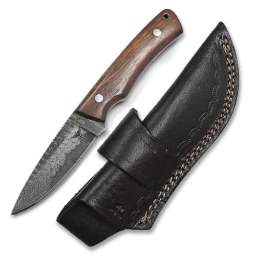 HomeTown Knives 8 Inch Drop Point Sanmai Damascus Hunting Knife Sheath