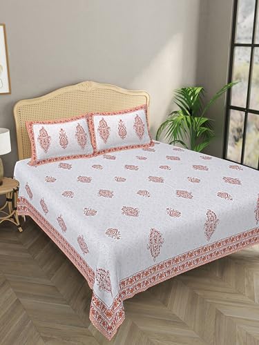 Image of LIVING ROOTS Jaipuri Hand Block Print Queen Cotton Bedsheet 86 * 96 Inches (7.1 * 8 Feet) with 2 Pillow Cover | 140 TC | Rich Fast Colour with No Colour Bleeding (204-B)