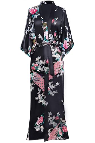 BABEYOND Damen Morgenmantel Maxi Lang Seide Satin Kimono Kleid Pfau Muster...