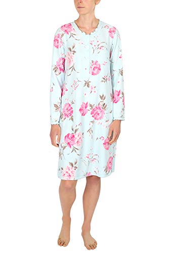 Miss Elaine Nightgown - Women's Printed Brushed Waffle Short Nightgown, Long Sleeves (Large, Pink Peonies on Mint)