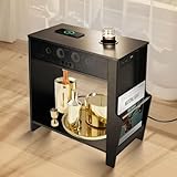 Bluetooth Speaker End Table, Smart End Table with 2 Subwoofer for Deep Bass, Side Table with Charging Station, Wireless Charger, Magazine Holder and Cup Holder, Bluetooth/AUX Connection,24"Wx12"Dx24"H