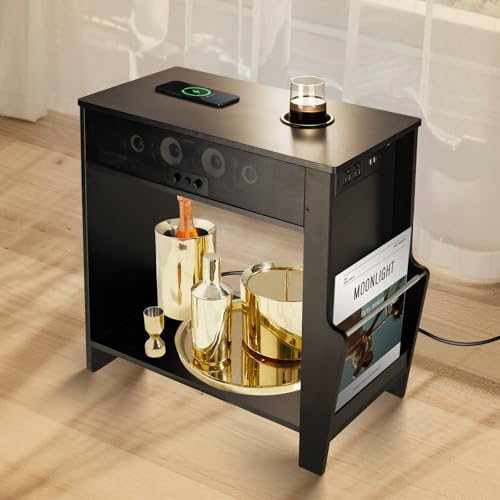 Bluetooth Speaker End Table, Smart End Table with 2 Subwoofer for Deep Bass, Side Table with Charging Station, Wireless Charger, Magazine Holder and Cup Holder, Bluetooth/AUX Connection,24