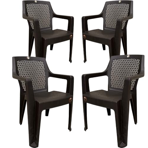 Image of SkyGlamour Cello Sonet Arm Rest Plastic Chair for Home, Garden, Office, Indoor & Outdoor Use with Weight Bearing Capacity 150 Kgs| Color: Brown, Set of 4 Chairs