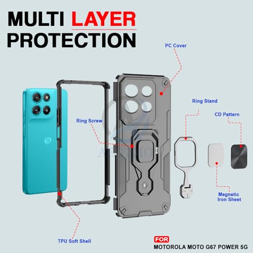 Image of AESTMO Armor Back Cover for Motorola Moto G67 Power / G57 Power 5G | Ring Holder & Kickstand & Camera Protection in-Built | 360 Degree Protection Back Case Cover (Black)