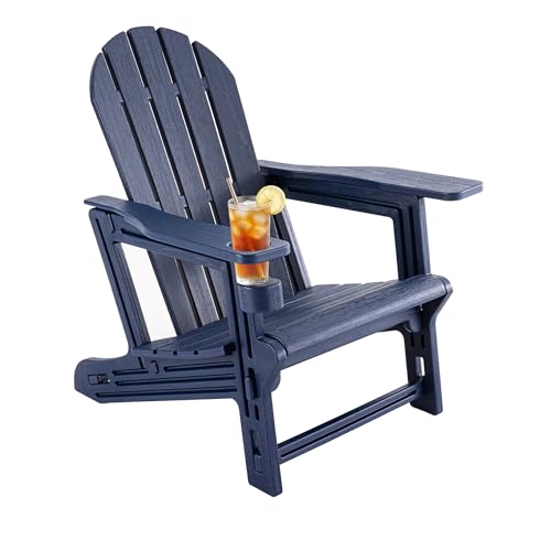 COSIEST Adirondack Chair, Screw-Free HDPE Oversized Outdoor Adirondack Chairs with Cup Holder, Wood Grain Finish Weatherproof Patio Lawn Chair for Lawn Garden Backyard Poolside Balcony, Navy Blue