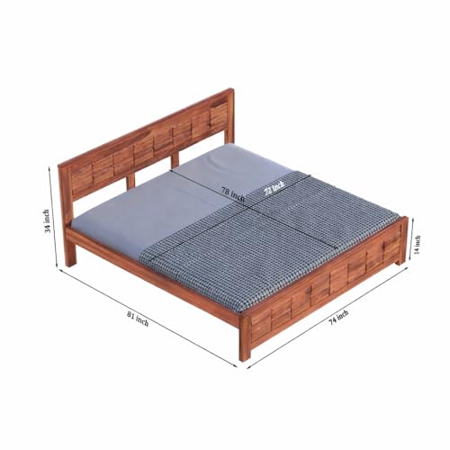 Image of Urban Block Panel Sheesham Wood King Size Bed Without Storage (81x74 Inch) | Wooden Double Bed Cot for Bedroom Furniture | Modern Palang Design | Honey Finish