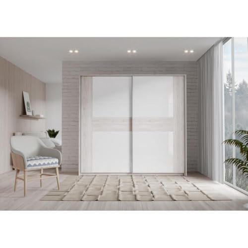 Forte RONDINO Schrank 220, Kleiderschrank, Schwebetürenschrank Skandinavisch Schlafzimmer 2-türig, Holzdekor: Sandeiche/Weiß Hochglanz, 220 cm breit x 210 cm hoch x 61 cm tief