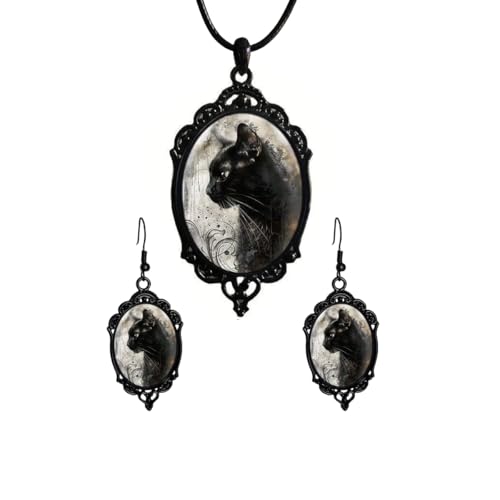POTIANDEFUGUI Gothic Crow Cat Rose Witch Bat Earrings Necklace Set Gothic Crystal Glass Cameo Earring Necklaces Goth Victorian Necklaces Earrings Vintage Satan Devil Halloween Jewelry for Women by POTIANDEFUGUI - Used condition - US$7.94