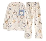 Satdflie Cartoon Pijama Invierno de Polar Conjunto de Pijama Camiseta de Manga Larga y Pantalón Largo Dos Piezas Ropa de Domir para Mujer Niña, Beis/2, M