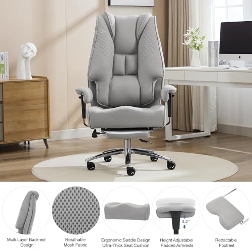 Image of EXCEBET Big and Tall Office Chair 400lbs Wide Seat, Leather High Back Executive Office Chair with Foot Rest, Ergonomic Chairs Lumbar Support for Lower Back Pain Relief (Mesh Dove Grey)