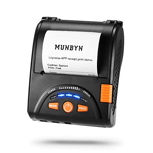 MUNBYN Impresora de Recibo Térmica 58mm, Mini Impresora Portáctil de Ticket, Coneccíon Inalámbrica por Bluetooth 4.0/ USB, ESC/POS Compatible con Android/Windows, Cinturón Incluida