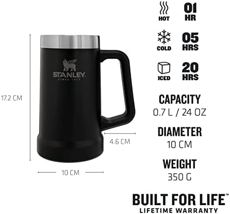Stanley Adventure Vacuum Beer Stein 0.7L Matte Black  Travel Mug Keeps Beer Cold for 7 Hours - Stainless Steel Beer Stein with Handle - Vintage Beer Stein - Dishwasher Safe