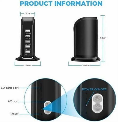 Image of 1080P Hidden Camera with USB Charger, 5 Port Charging Hub, Motion Detection, Live Remote Streaming, Home /Office Hidden Camera Black