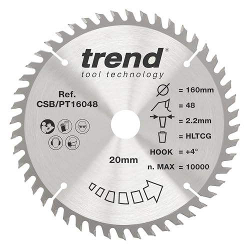 Trend Lames de Scie Circulaire pour Laminé & HPL, 160 mm de Diamètre, 20 mm d'Alésage, 48 Dents, TCT, 2,2 mm de Trait de Scie, +4° Crochet, CSB/PT16048