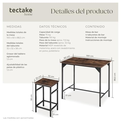 tectake® Mesa Alta de Bar con 4 Taburetes, Mueble de Cocina Estilo Industrial, Diseño Comedor y Mesa Cocina, Muebles de Salon, Taburete - 100 x 124 x 88,5 cm Madera Industrial Oscura, Rústica - imagen 7