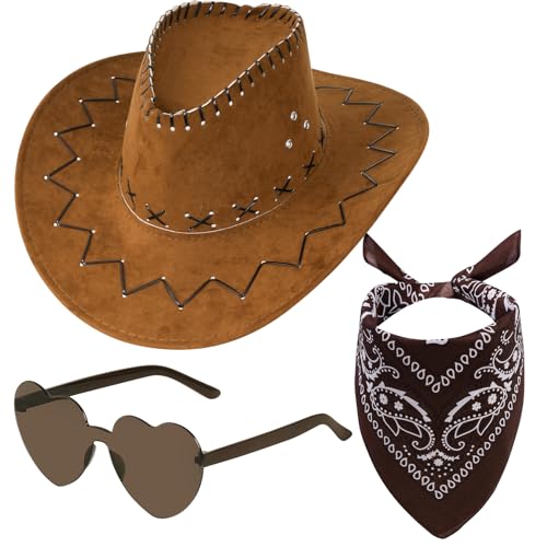 choyaxo Western Cowboy Costume Set Including Cowgirl Hat Heart Shaped Sunglasses and Bandana for Halloween，
