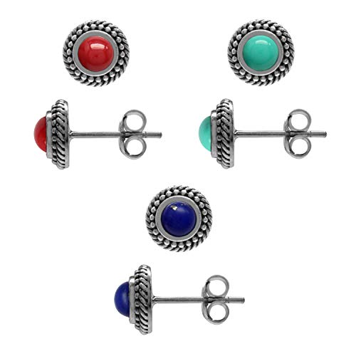 Silvershake 3 Pair Set Created Coral Turquoise and Lapis 925 Sterling Silver Rope Balinese Style Stud Earrings
