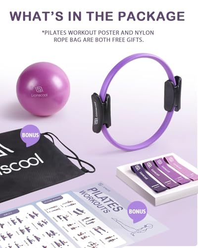 LIONSCOOL Pilates-Ring-Set – 14“/35cm Magic Circle mit Doppelgriffen – Inkl. platzfestem Miniball, Widerstandsbändern, Anleitung und Tasche (Lila)