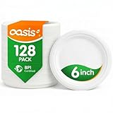 OasisSN 6 Inch 128 Pack Compostable Disposable Paper Plates, Small Dessert Plates, Heavy Duty Sugarcane...