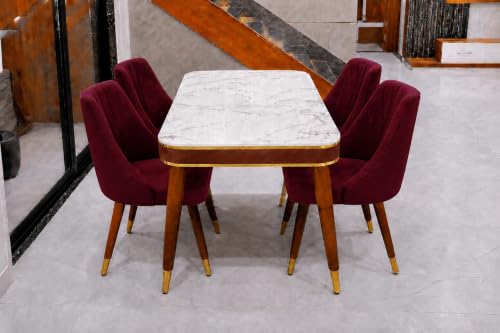 Image of WOODEN SPACE 4 Seater Wooden Dining Table Set | Urban Marble Top Dining Table with Chairs for Dining Room & Kitchen (Modern Frontline Maroon) (54 x 36 x 30 inch)