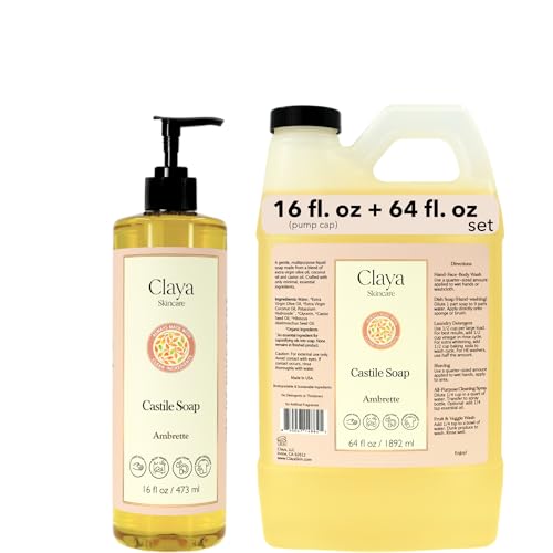 Image of Claya Ambrette Liquid Castile Soap - Organic Ingredients, Biodegradable, Refreshing Scent, Gentle for Skin and Versatile Use (16 fl oz (Pump Cap) and 64 fl oz)