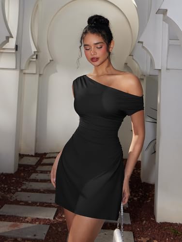 Image of LAGSHIAN Womens Off Shoulder Sleeveless Ruched Flare Mini Dress | Sexy,Summer,Slim Fit,Stretch,Trendy,Double Layer,A-line,Cocktail Party,Club,Night Out,Date,Asymmetrical Shoulder