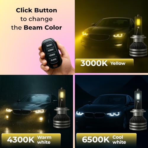 Image of WOODMAN 200W 3in1 H8 Car LED Headlight Bulbs with 3 Color Modes (White /Warm White /Yellow) | 12000 Lumens | Plug & Play | 1 Year Replacement | Pack of 2 with Remote (200W, H8)