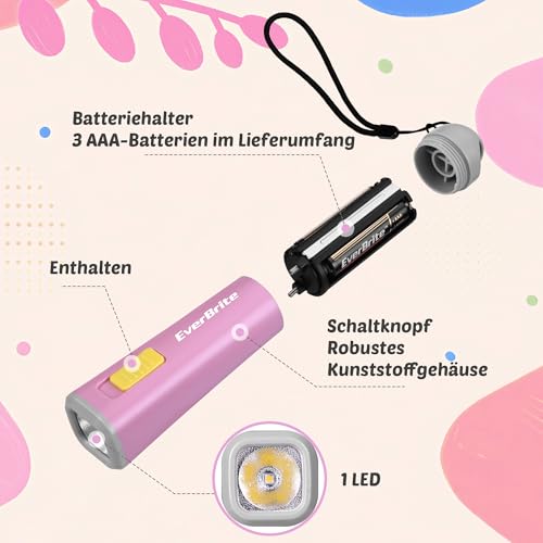 EverBrite Mini LED Taschenlampe mit Kordel bunt klein rosa lila, 1W mit 3 AAA Batterien, für Geburtstagsgeschenk