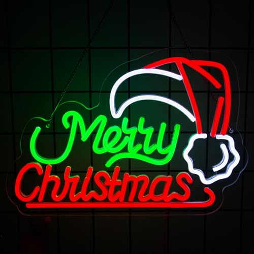 Image of Goneons Merry Christmas Neon Sign Dimmable LED Merry Christmas Light Sign for Wall Decor, USB Powered LED Sign with Hat for Indoor Bedroom Windows Party Pub Kids Xmas Day Decor